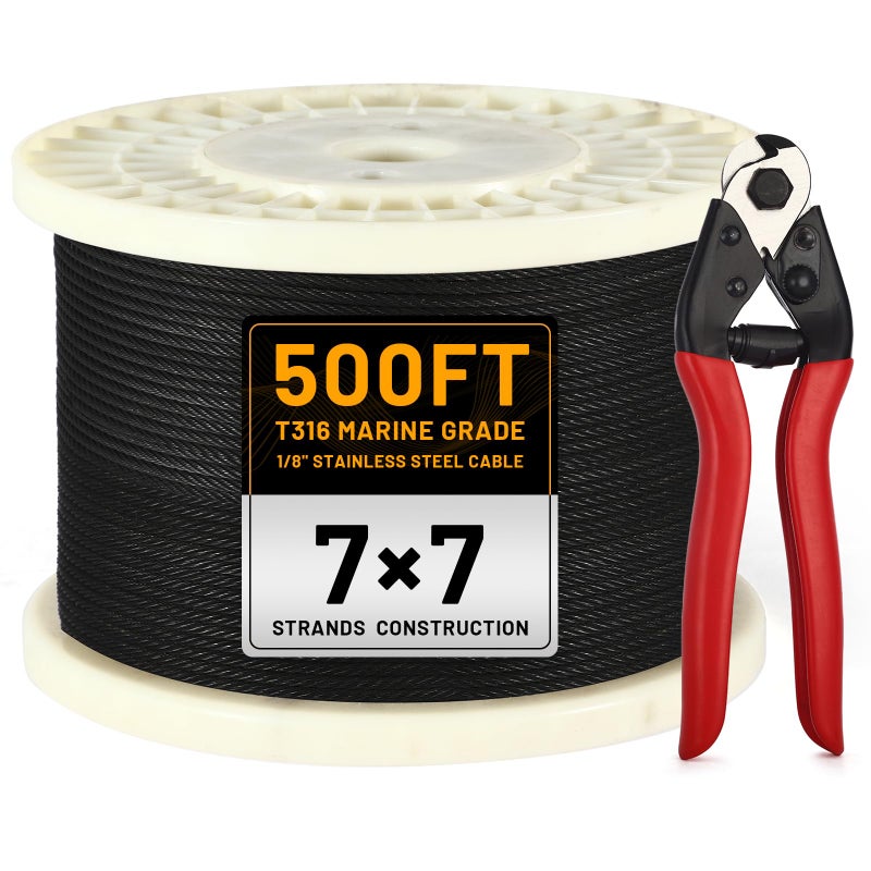 AHEONLAR 500FT 1/8"" Black Stainless Steel Cable with a Cutter  T316 Wire Rope Cable for Deck Cable Railing Kit  1850 lb Breaking Strength  7x7 Strands Aircraft Cable for Stair Fence Deck Railing - Image 1